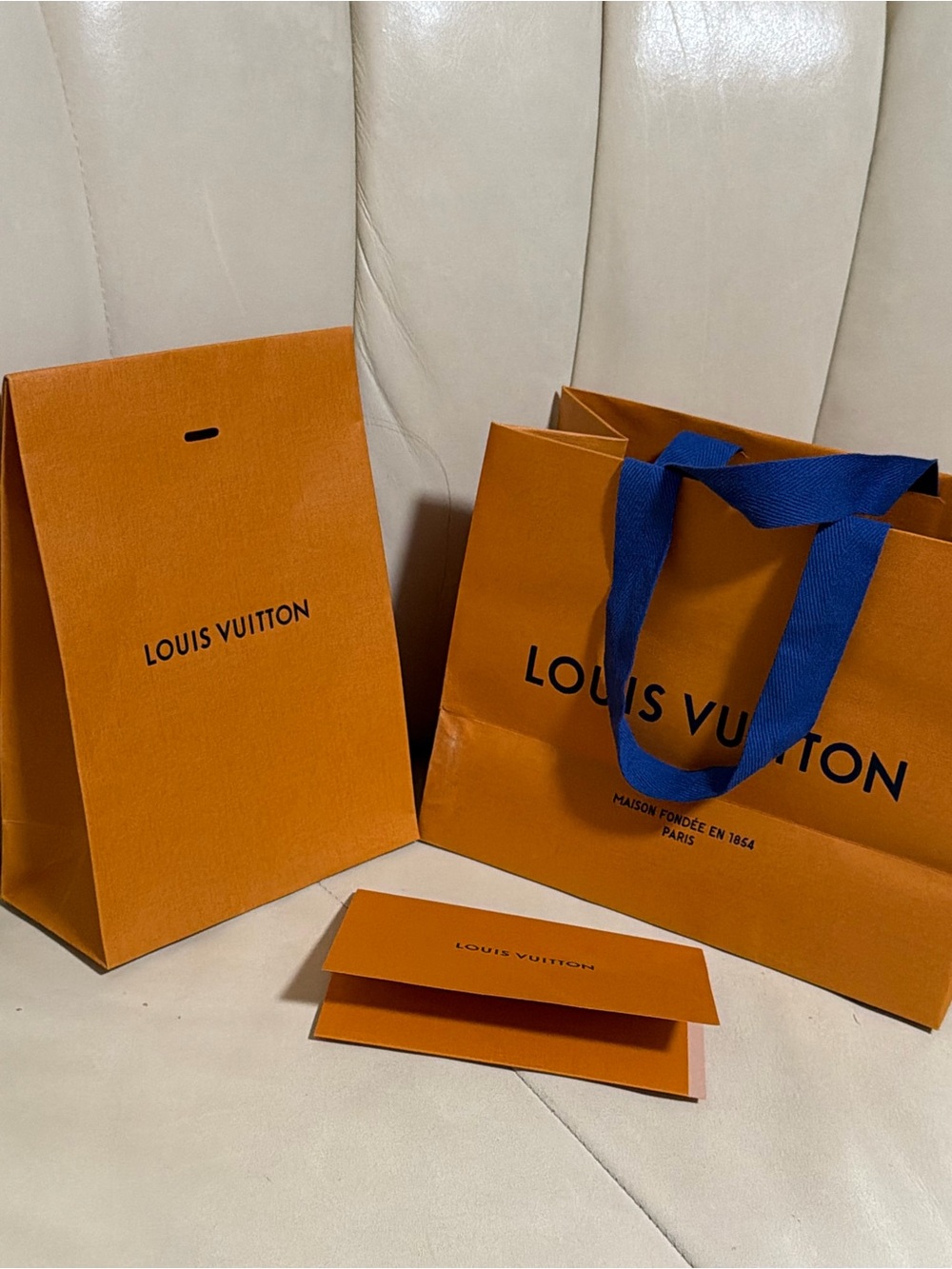 Louis Vuitton Orange Tote Shopping Bag with Blue Ribbon Handles